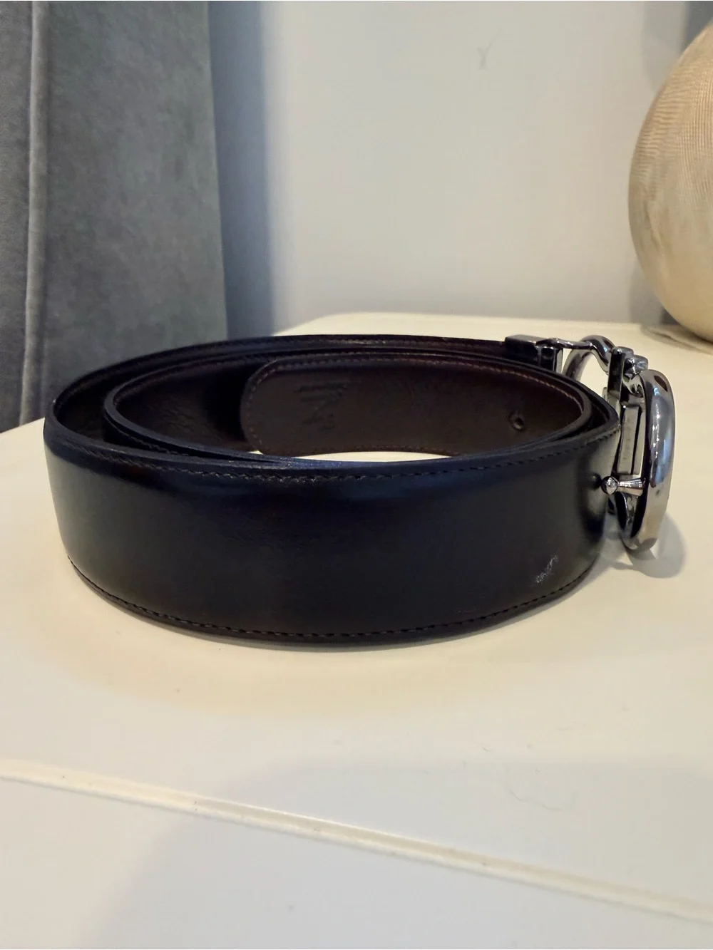 Salvatore Ferragamo Gancini Black Leather Belt with Silver Double Gancini Buckle